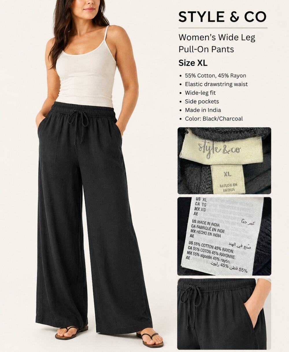 NWT Boho Style & Co Wide Leg Pull-On Pants Size XL Black Cotton Rayon Blend